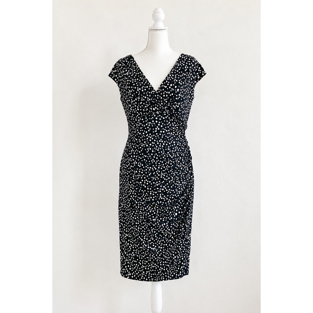 Lauren‎ Ralph Lauren Black Polka Dot Ruched Faux Wrap Dress 14P Petite Pull On